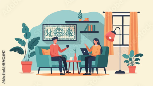 Two people relax in a living room, one with a laptop, the other with coffee