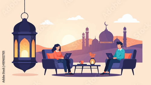 Two people relaxing on chairs using laptops with a mosque and lantern in the background