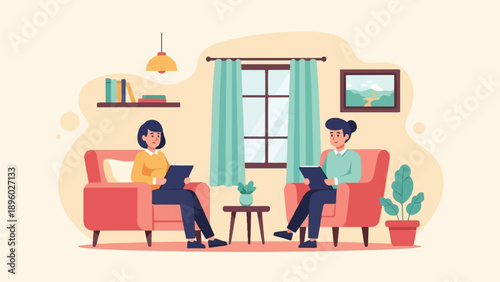 Two people sit in armchairs talking, a window behind them