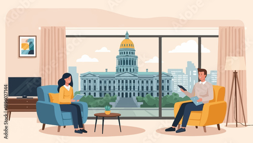 Two people relax indoors with a grand building visible through the window (1)