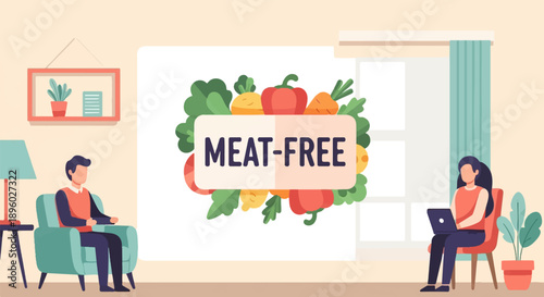 Two people relax in a room, one with a laptop, beside a vibrant "MEAT-FREE" vegetable display