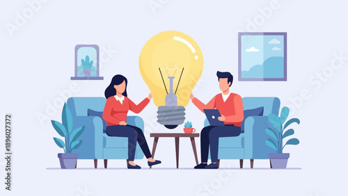 Two people share ideas around a giant glowing lightbulb in a room