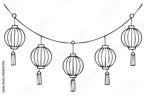 Asian Lanterns Garland: Hand-Drawn Line Art for Festive Decorations and Cultural Celebrations