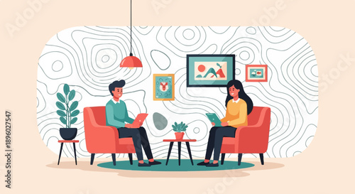 Two people sit in chairs, holding tablets, in a stylish room