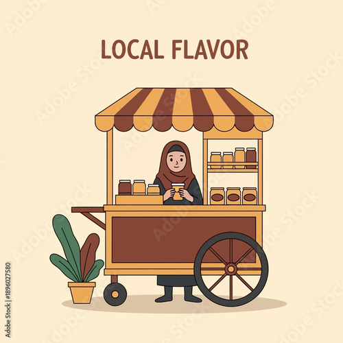 Smiling female street vendor, wearing a hijab, proudly offers delightful local flavors and artisanal products from her charming traditional food cart, depicting vibrant market culture