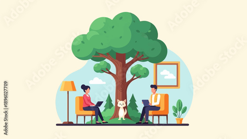 Two people sit in chairs using laptops beside a tree with a cat