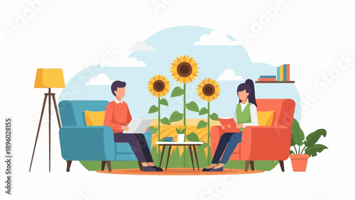 Two people sit in comfortable chairs reading with sunflowers and a field behind them