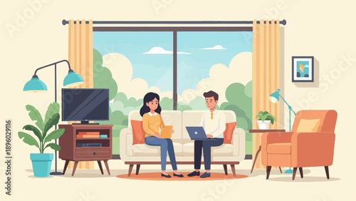 Two people sit on a sofa in a bright living room with a large window