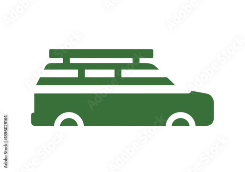 Minimalist green icon representing a car with a roof rack for travel or adventure