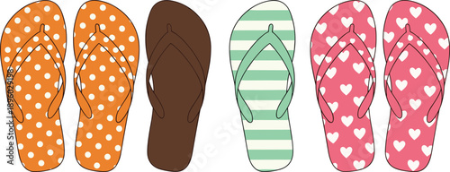 Colorful flip flops collection illustration, summer beach footwear set, patterned sandals design, casual vacation style, flat vector drawing isolated on white