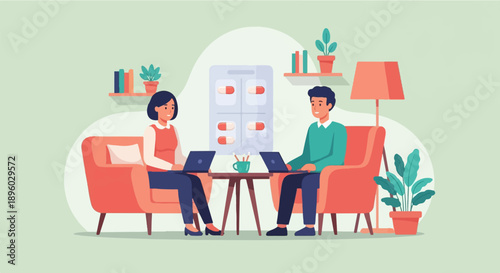 Two people sit on chairs working on laptops with medicine in background