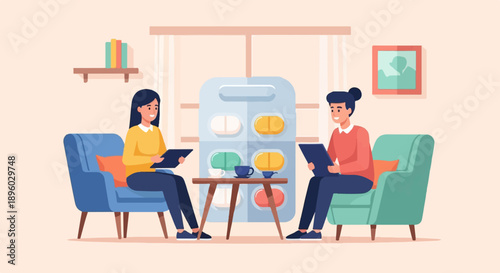 Two people sit on couches, looking at tablets near a large pill blister pack