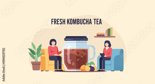 Two people sit on couches, one with a plant, by a giant kombucha jar