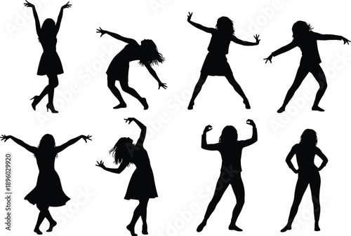 Female dance silhouettes collection, energetic movement poses, modern contemporary choreography concept, black vector illustration, isolated people figures design, fitness art performance 