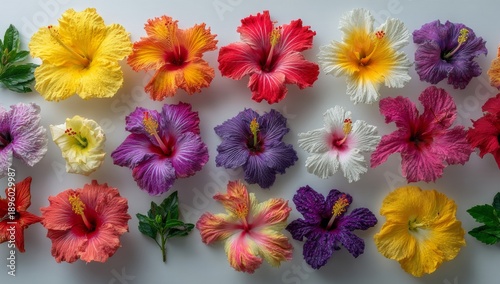 A collection of fifteen colorful hibiscus blossoms in varying hues is set against a stark white background