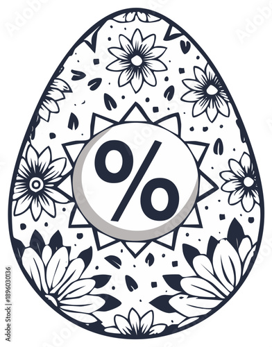 Easter egg decorated with floral pattern and percent sign for seasonal holiday sale