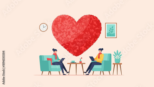 Two people sit on sofas, one on each side of a table, under a large heart
