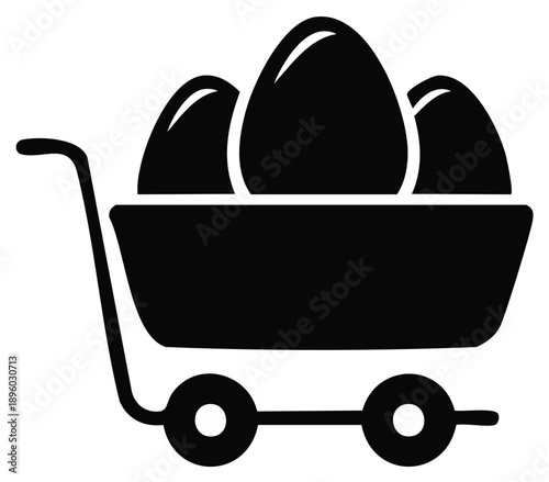 Shopping cart filled with three eggs vector icon design concept for grocery food or market delivery
