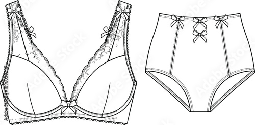 lingerie, cad, drawing, lace, bra, panties, flat, vector, illustration, technical, fashion, apparel, womens, underwear, design, template, outline, garment, sewing, pattern