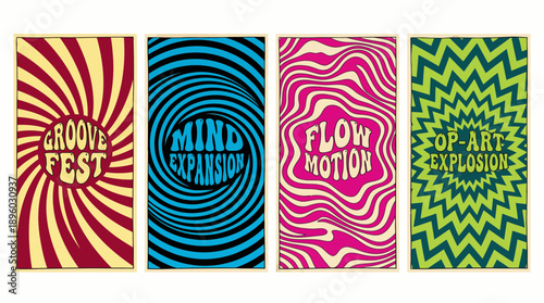 Set of four colorful psychedelic retro vertical posters featuring optical patterns and groovy typography, concept for music festival event, vintage graphic design and aesthetic background element