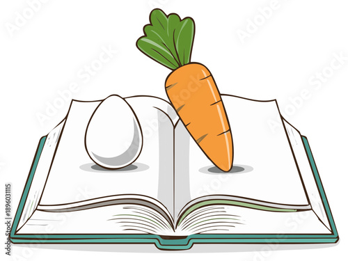 Cartoon illustration of an egg and a carrot on top of an open book
