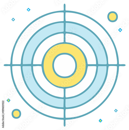 Doodle target icon with blue and yellow concentric circles and crosshairs design