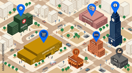Isometric city map illustration of urban area showing major commercial buildings with GPS location markers, concept for GPS navigation, urban planning and local business directories