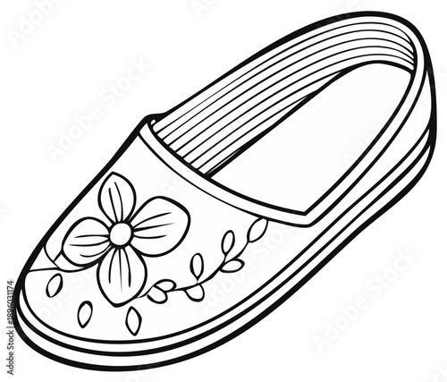 Outline Drawing of a Decorative Floral Slipper, Casual Women's Footwear Line Art