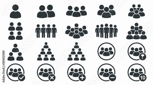 Collection of flat vector icons showing user profiles, group formations and management symbols like add and check, concept for HR management, app development and web design