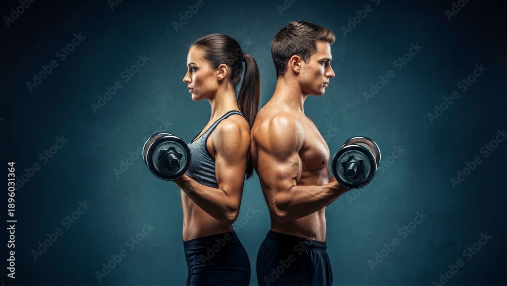 Obraz premium Studio shot of a fit young athletic couple, a man and a woman, standing back to back against a dark background, both holding dumbbells and looking forward with determination