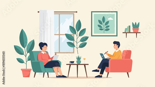 Two people sitting in armchairs in a living room, working on laptops