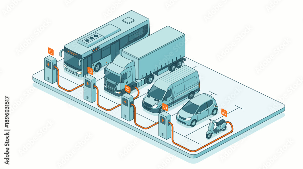 Obraz premium Detailed isometric illustration of diverse electric vehicles charging at a station setup, concept for green energy promotion, fleet electrification and sustainable transportation