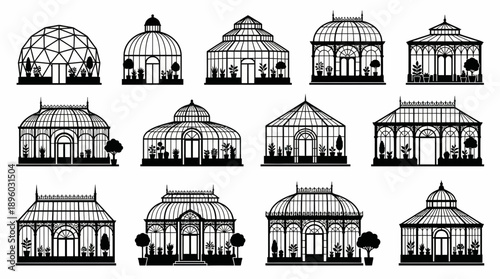 Twelve black silhouettes of various botanical conservatories and Victorian greenhouses containing potted plants, concept for garden design, architecture illustration and nature environment signage