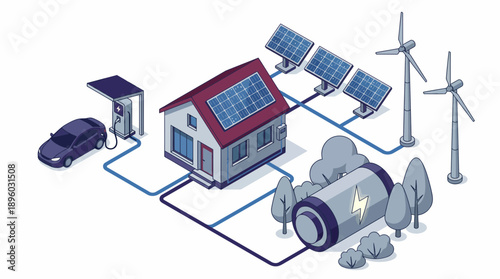 Isometric smart home energy system showing solar panels, EV charging, wind turbines and battery storage, concept for green technology, environmental sustainability and modern infrastructure layout
