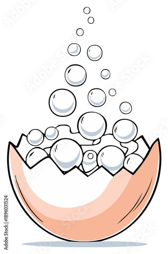 Cartoon illustration of a cracked eggshell filled with many white soap bubbles rising upwards