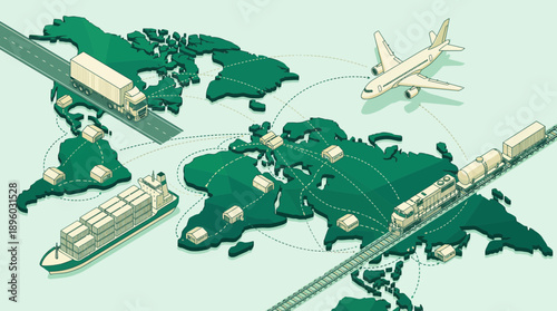 Global isometric logistics map showing transport modes: truck, ship, airplane and train connecting various points, concept for supply chain management, international shipping and delivery tracking