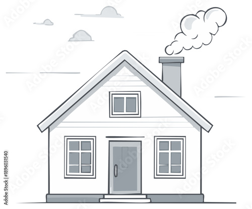 Hand drawn cartoon style house with smoke coming from chimney and clouds in sky
