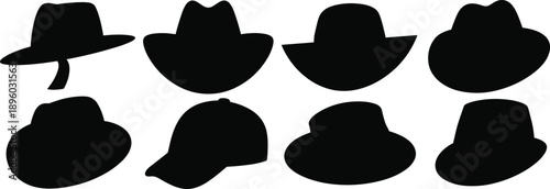 Collection of Various Black Hat Silhouettes Including Cowboy Fedora Baseball Cap and Sun Hats Isolated on White Background for Graphic Design