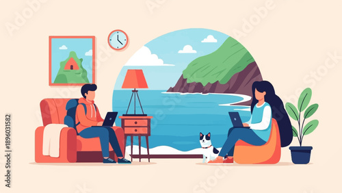 Two people and dog using laptops with a coastal view