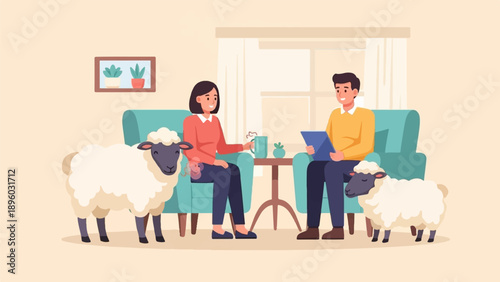 Two people and sheep in a living room