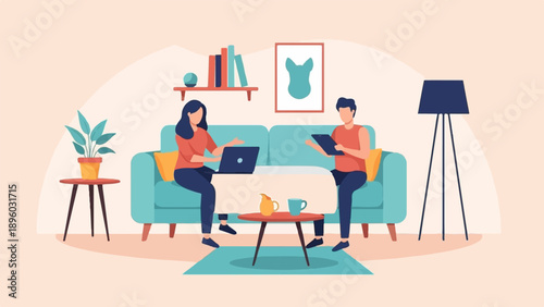 Two people sitting on a couch, one with a laptop, the other with a tablet