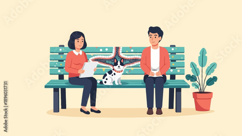 Two people and a dog sit on a park bench with a potted plant nearby