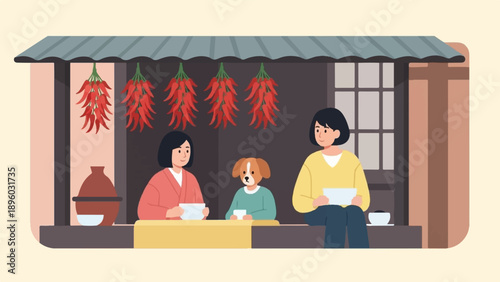 Two people and a dog sit on a ledge at a market stall with chili peppers