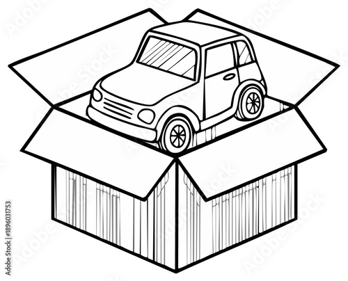 Black and white line drawing of a car appearing inside an open cardboard box