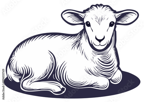 Illustration of a Gentle Lamb Resting Comfortably Vector Art Style Farm Animal Representing Peace and Tranquility in Monochrome