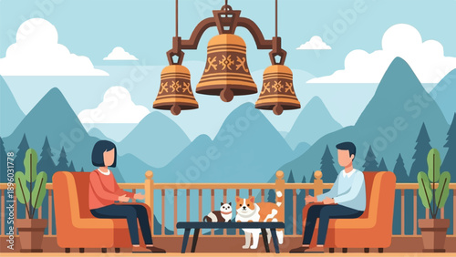 Two people and two cats relax on a balcony with a mountain backdrop