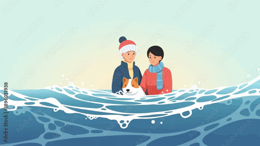 Obraz premium Two people and a dog wading in ocean waves