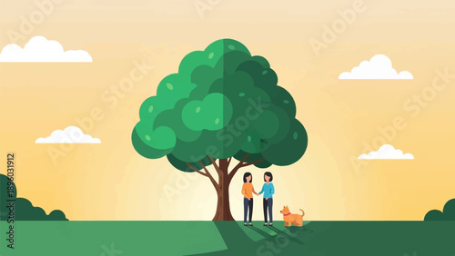 Two people and a dog stand under a large tree at sunset