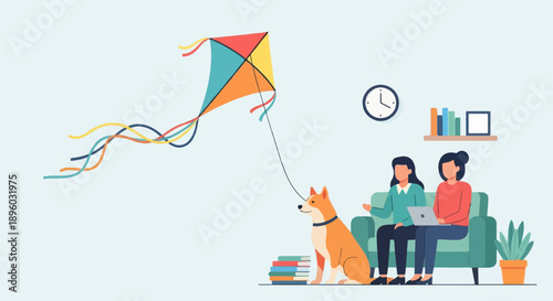 Two people and a dog with a kite in a room with books and a plant