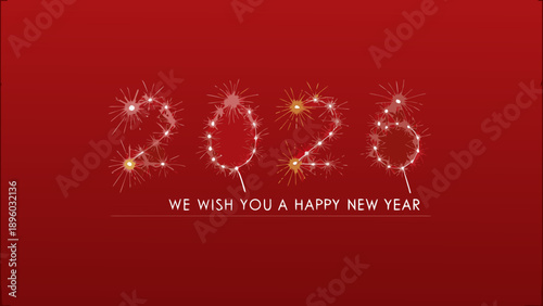 Sparkling new year 2026 greeting with celebratory fireworks and red background